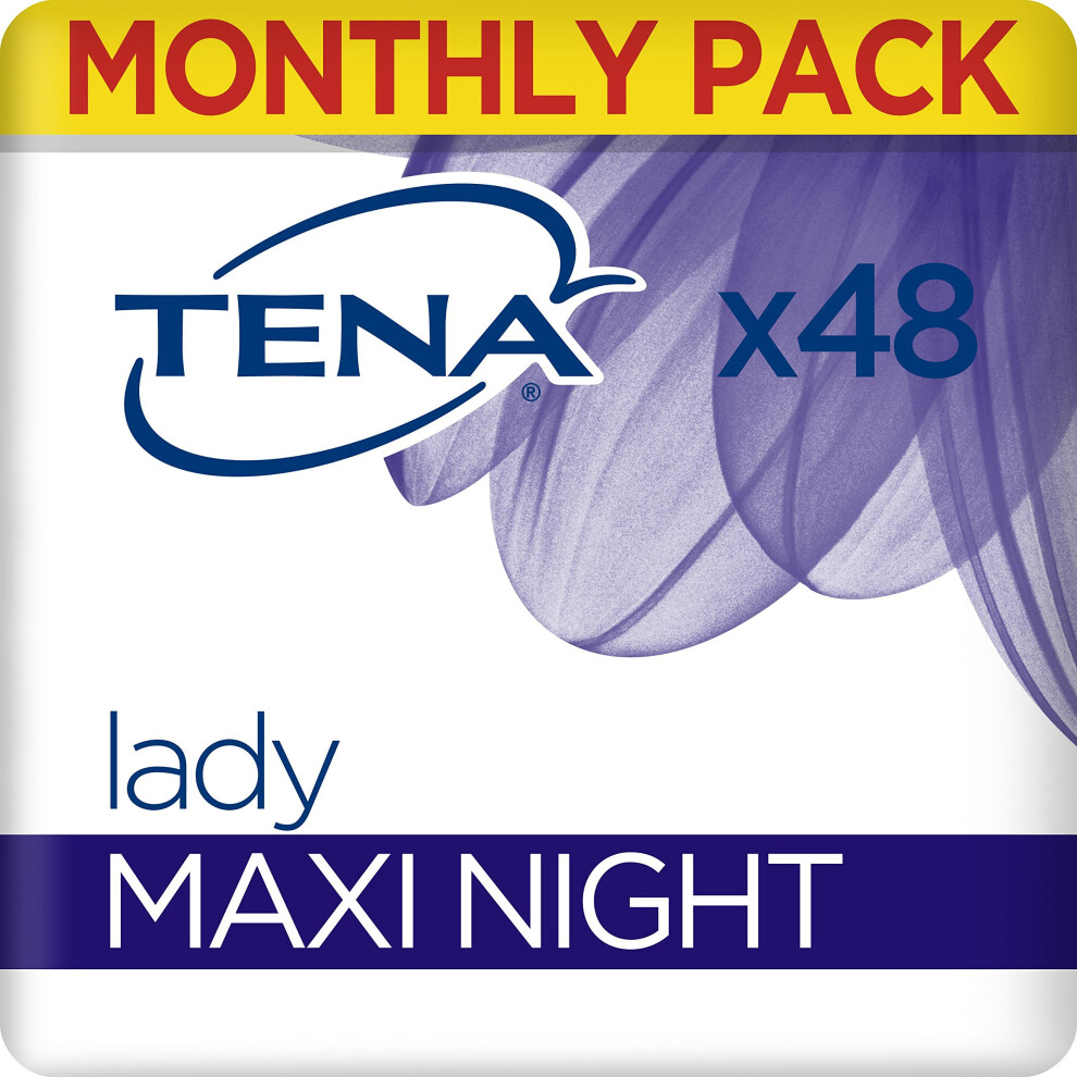 TENA Lady Maxi Night Towels, for Night time Bladder Weakness, Monthly Pack of 48 Incontinence Pads for Women