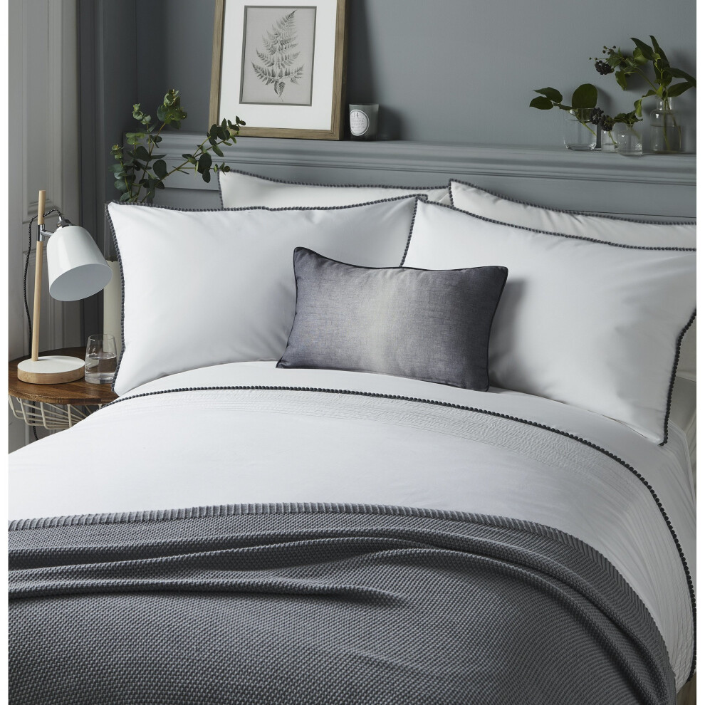 Serene - Pom Pom - Easy Care Duvet Cover Set | King Size | White Bedding with Grey Pom Poms