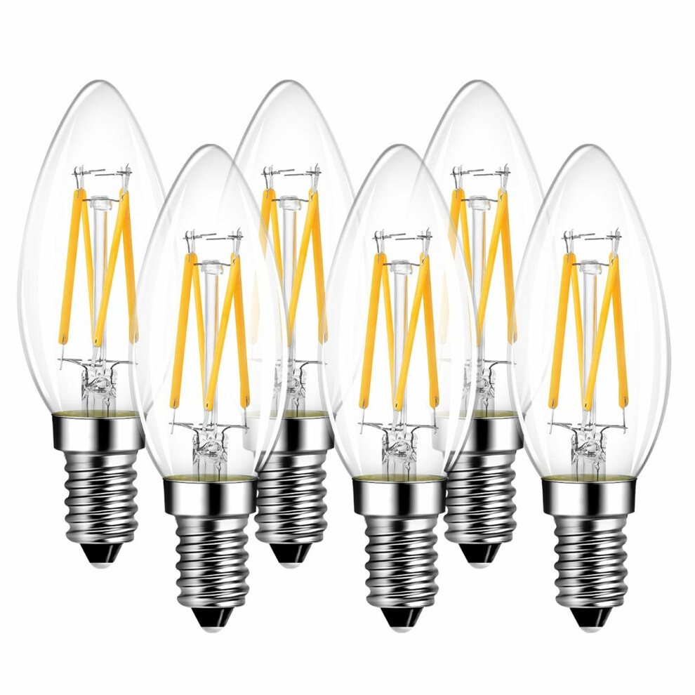 E14 LED Filament Bulbs, 6 Packs, 470Lm, LVWIT 4W C35 Candle Glass Vintage LED, Non-Dimmable, Warm White 2700K 40W Incandescent Equivalent