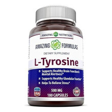 Amazing Formulas L- Tyrosine 500 Mg 180 Capsules - Supports Mental Alertness, Energy, Focus, Healthy Glandular Function and Balance