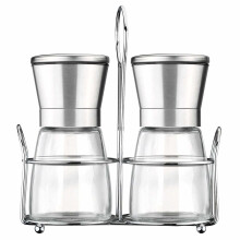 Salt and Pepper Grinder Set with Matching Stand, Amison Stainless Steel Adjustable Coarseness Salt and Pepper Mills Set of 2- Silver