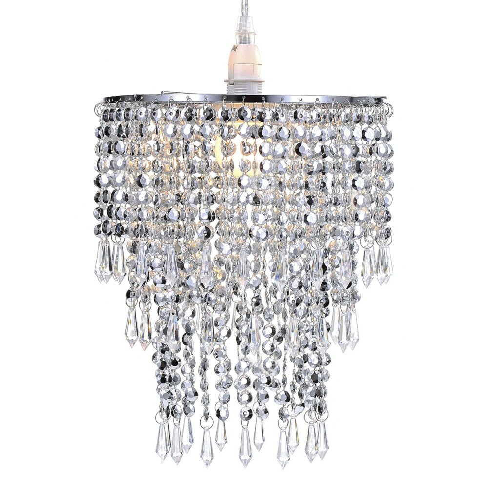 Waneway 3 Tier Beads Pendant Shade, Ceiling Chandelier Lampshade with Acrylic Jewel Droplets, Beaded Lampshade with Chrome Frame and Sparkling...