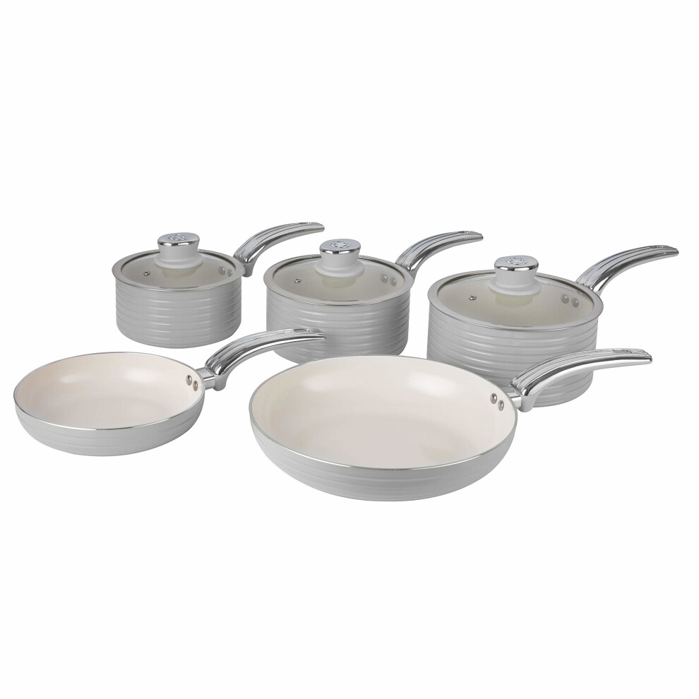 Swan Grey Retro Non-Stick 5pce Pan Set, 3 Saucepans 16/18/20cm, 2 Frying Pans 20/28cm with Tempered Glass Lids & Compatible with Induction Hobs