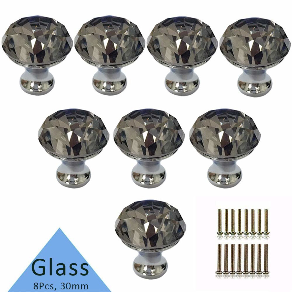 Tencro 8Pcs 30mm Diamond Shaped Luxury Crystal Knobs Glass Knobs with Screws for Drawer Door, Wardrobe Door, Cupboard Door, Kitchen, Etc - Grey