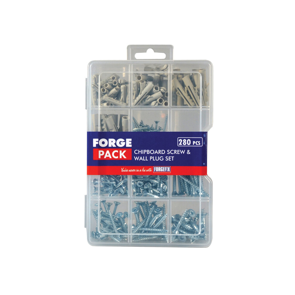 Forgefix FORFPSPSET FPSPSET Screw & Wall Plug Kit Forge Pack 280 Piece, Silver