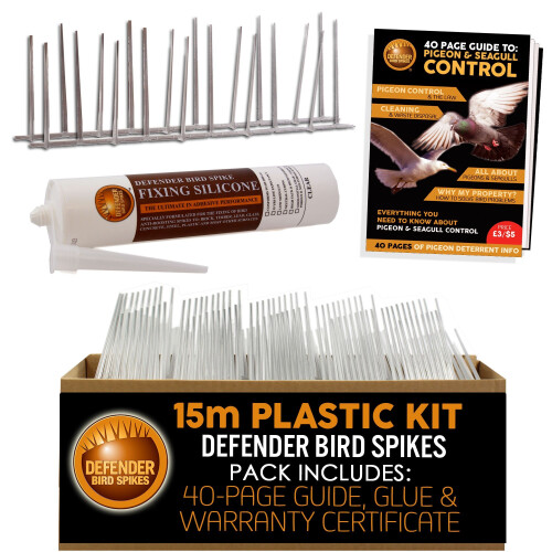Defender Plastic Bird Spikes Pack | 15 m with Glue | Pigeon Control Guide | Various Size Packs