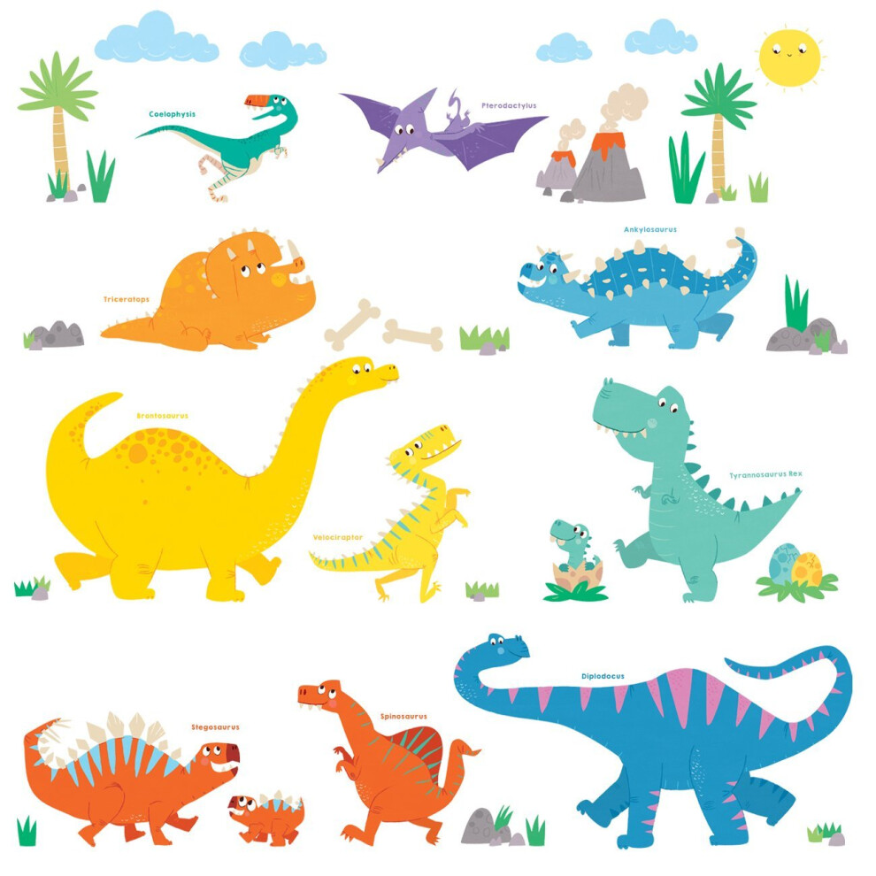 Decowall DW-1703 Colourful Dinosaur Kids Wall Stickers Wall Decals Peel and Stick Removable Wall Stickers for Kids Nursery Bedroom Living Room