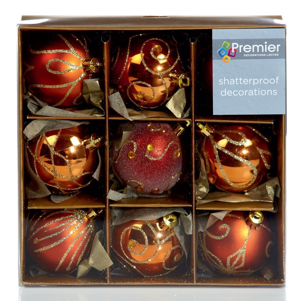 Set of Nine Copper Christmas Tree Baubles (6cm) by Premier Decorations