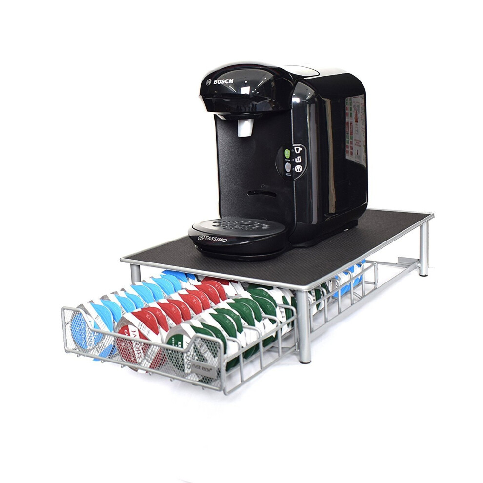 Ever Rich Tassimo Pod Holder | T-Disc Coffee Capsules | Bosch Tassimo Stand & Pod Storage Drawer | Anti-Vibration Design (Silver/Black) (Silver)