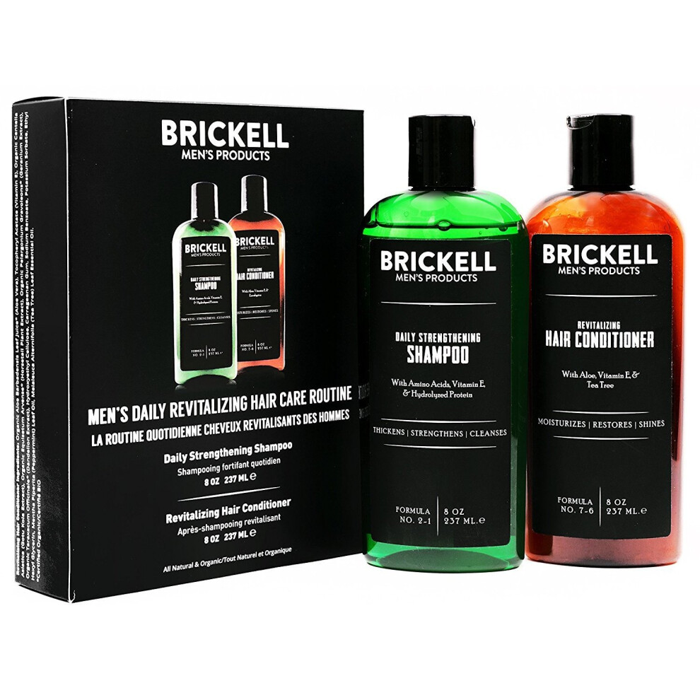 Brickell Men's Daily Revitalizing Hair Care Routine - Mint & Tea Tree Oil Shampoo + Strength & Volume Enhancing Conditioner - Natural