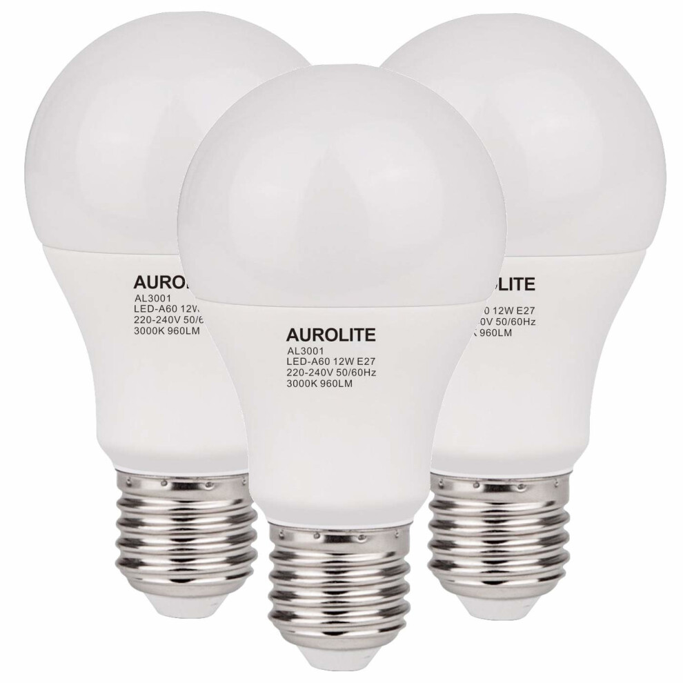 AUROLITE PACK OF 3 12W LED Bulbs, A60 12W E27 Warm White 3000K, Pack of 3, LED ES Globe Edison Screw Bulb, Ultra Bright 960LM, 75Watt Incandescent...