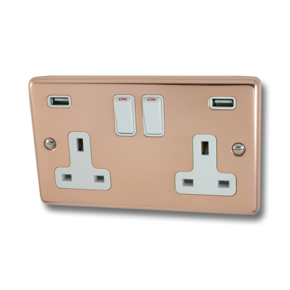 Contour Copper Double Socket with USB (White Switch) - CBC910W