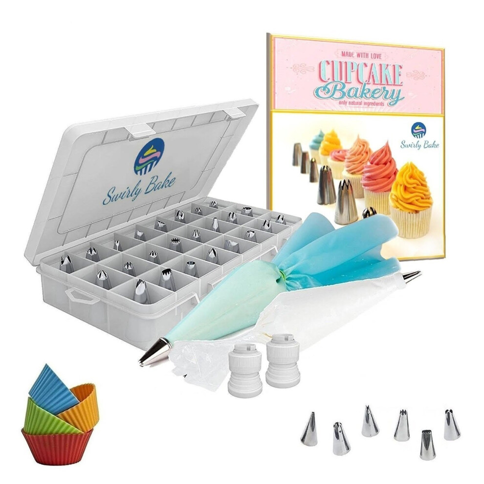 Cake Piping Tips 50 Piece Set: 30 Stainless Steel Piping / Icing Nozzles Tips with Storage Case, 2 Reusable Piping Bags, 2 Couplers, 10 Disposable...