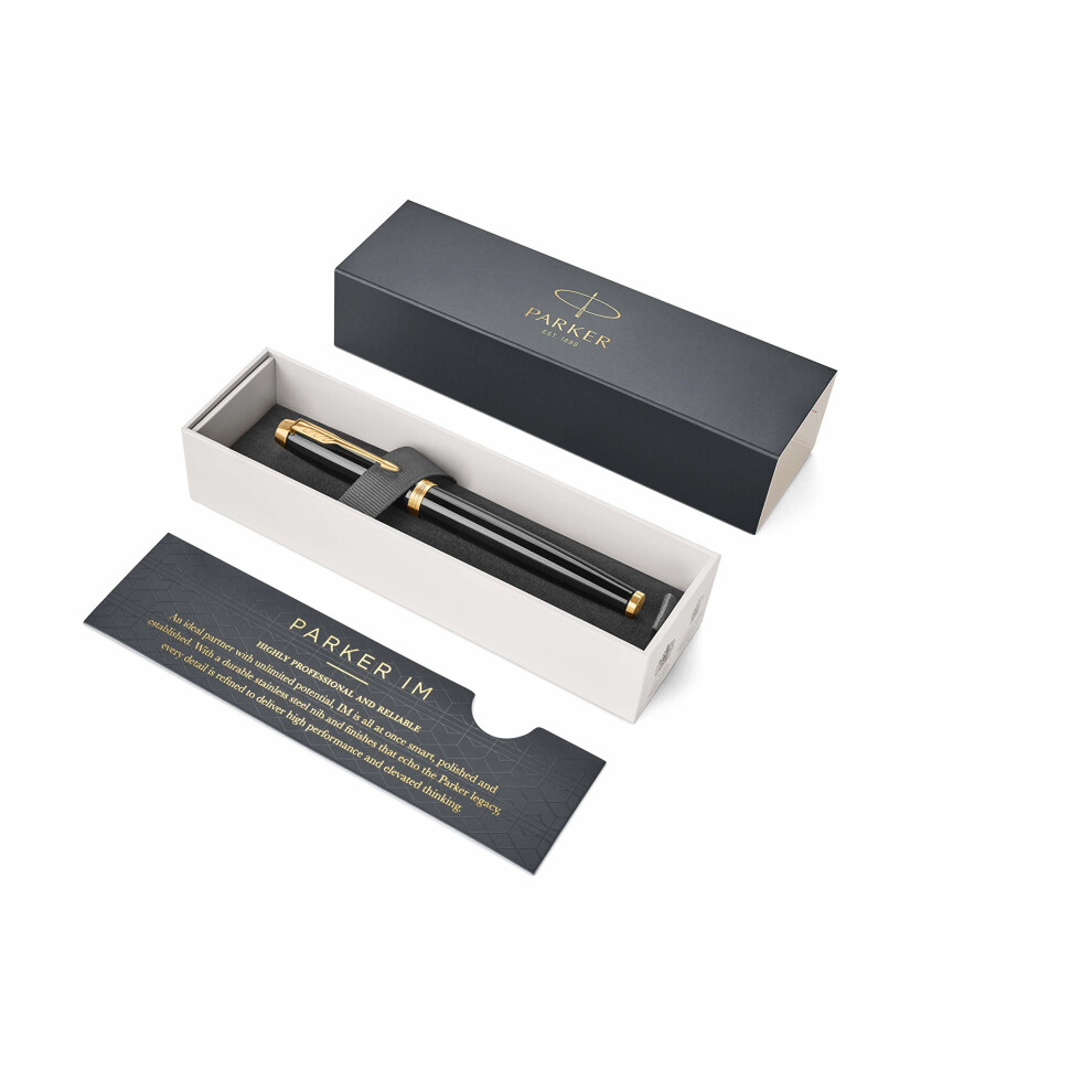 PARKER IM Rollerball Pen, Black Lacquer Gold Finish Trim with Fine Point Black Ink (1931659)