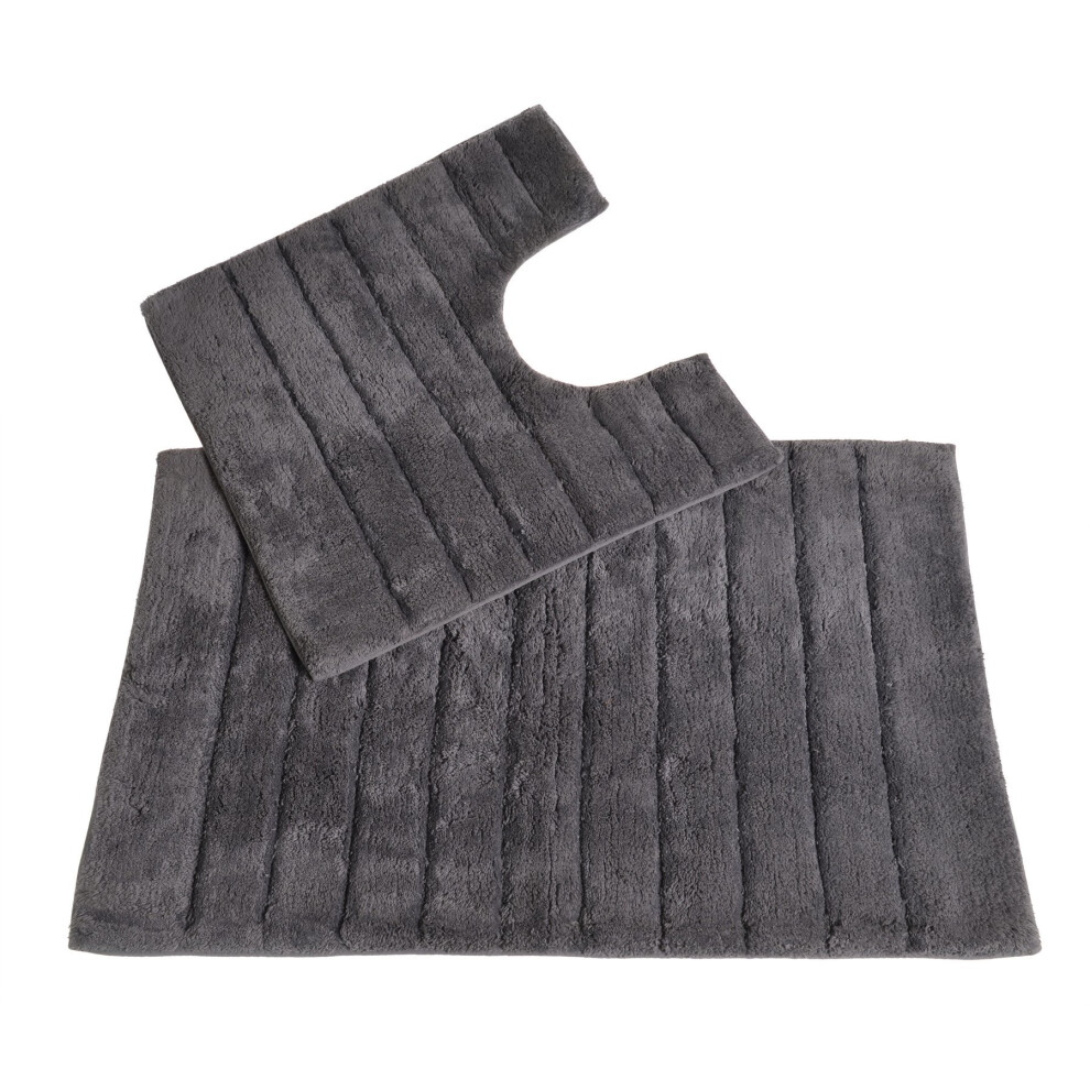 Allure Bath Fashions Cotton Ribbed Bath Mat and Pedestal Mat Set - Grey - Image 3