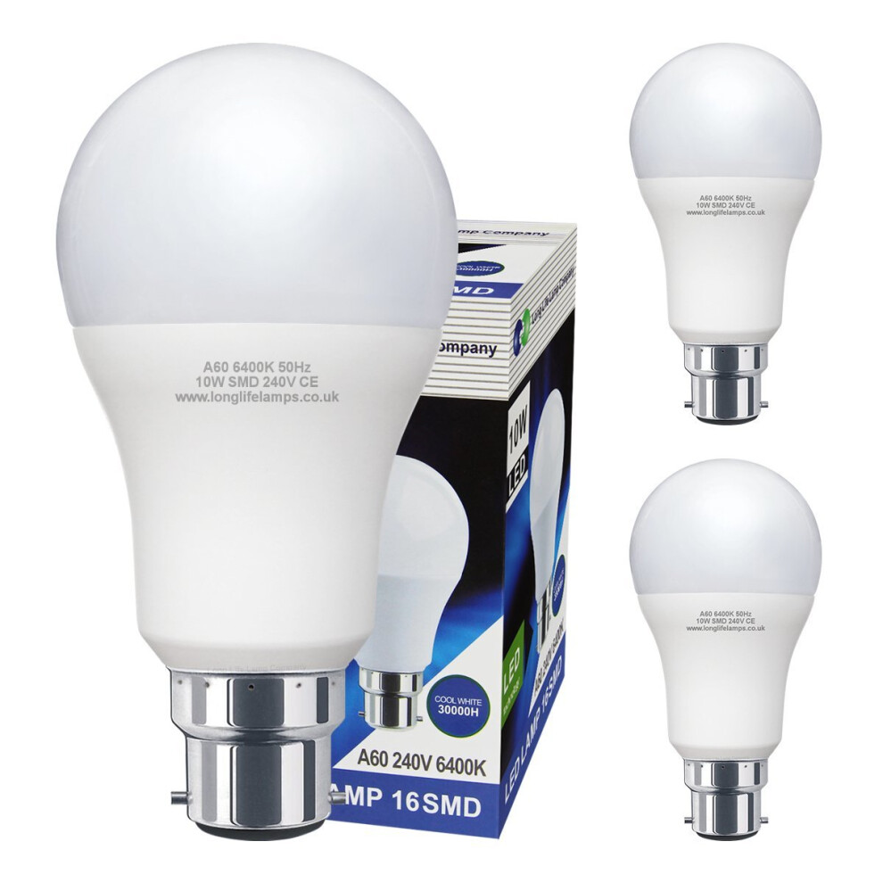 3 Pack 10w GLS LED Light Bulb Cool White B22 Bayonet Very Bright 10w = 100w A60-image-OPC-PP9V2W-NEW