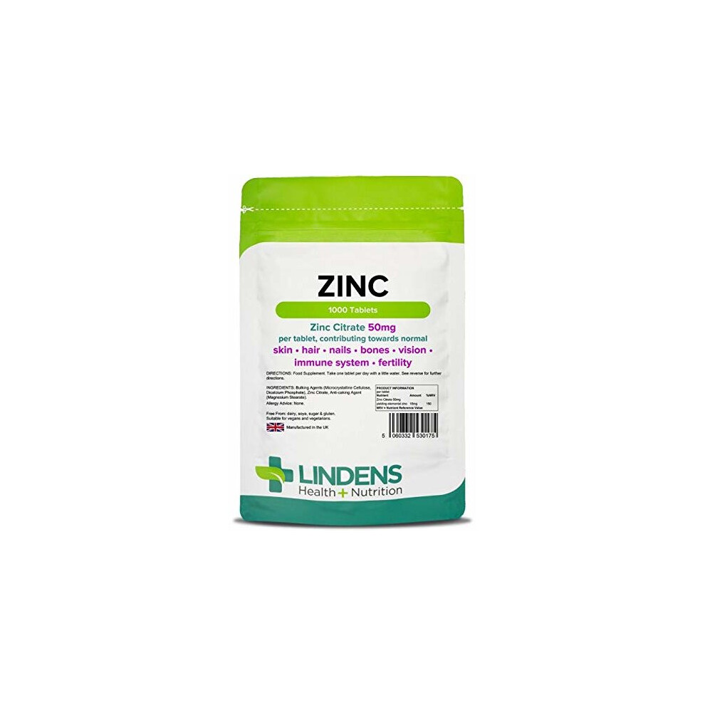Lindens Zinc Citrate 50mg Tablets | 1000 Pack | High Strength 150% NRV dose contributing Towards Normal Skin, Hair, Nails, Bones, Vision, Immune...