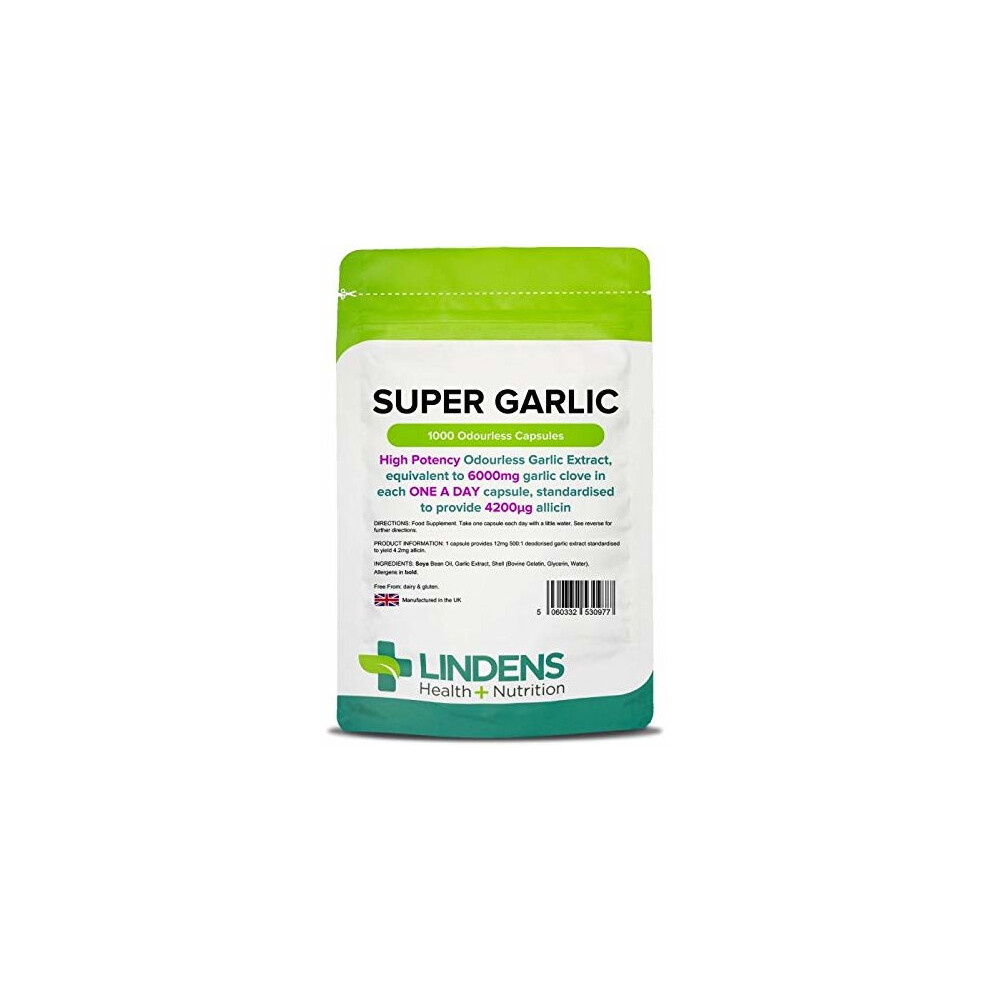 Lindens Super Garlic 6000mg High Strength Capsules | 1000 Pack | High potency odourless Garlic Extract, equivalent to 6000mg garlic clove in each...