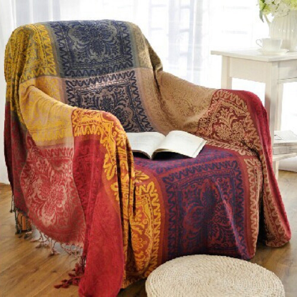150cm x 190cm Chenille Jacquard Tassels Throw Blanket Sofa Chair Cover Tablecloth - Colorful Tribal Pattern (59 Inch x 75 Inch)