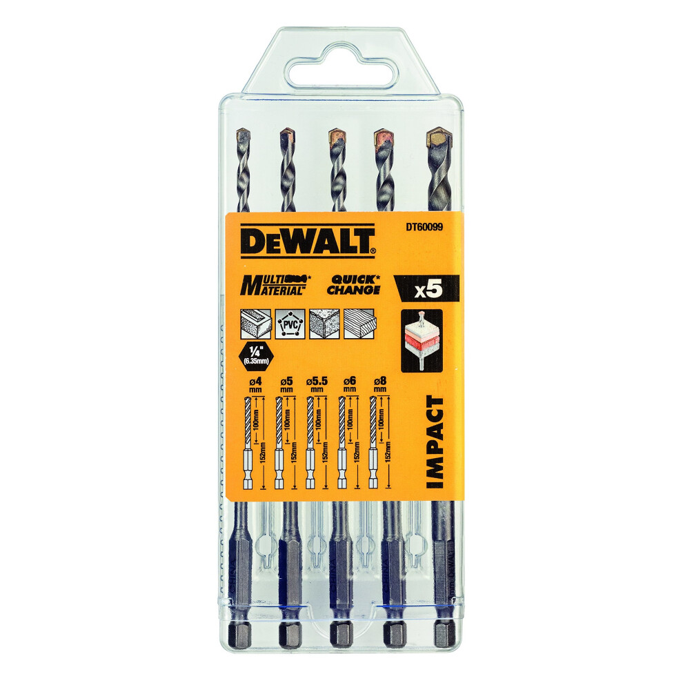 Dewalt multi-purpose drill bit, set of 5 pieces DT60099-QZ shock-proof, pack of 1, silver