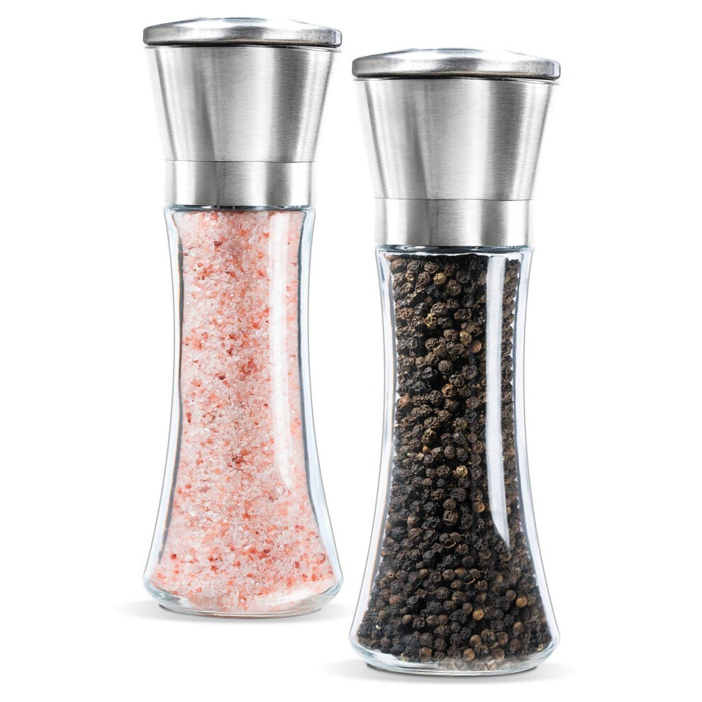 Salt and Pepper Grinder Set,Newyond Salt and Pepper Shakers with Adjustable Coarseness,Brushed Stainless Steel and Glass Body Shakers(2 Pack)