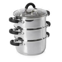 Tower Essentials 3-Tier Steamer with Glass Lid and Polished Mirror Finish, Stainless Steel , 18 cm