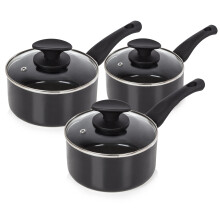 Tower T81507 Essentials Pot Set 16, 18 and 20 cm, Ceramic Coating and Glass Lids, 3 Piece, Black