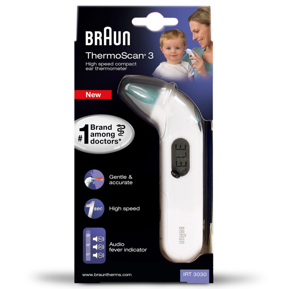 Braun IRT3030 ThermoScan 3 Ear Infrared Thermometer, White - Fast 1-Second Readings, Fever Indicator, Memory Recall, BPA Cap, Celsius/Fahrenheit