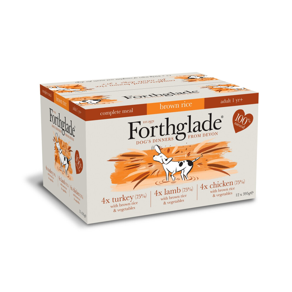 Forthglade 100% Natural Dog Food Complete Wet Dog Food with Brown Rice Variety Pack 395g (12 Pack)