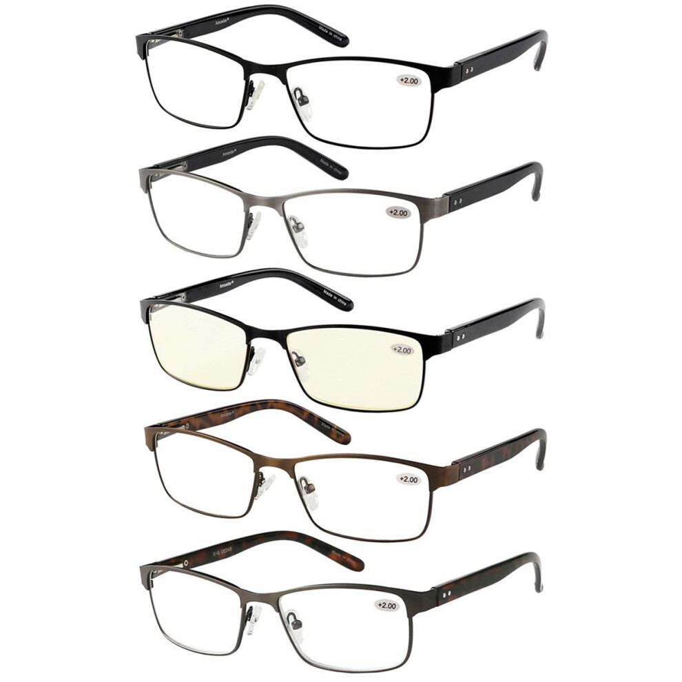 Amcedar 5-Pack Reading Glasses Men Metal Frame Rectangle Style Stainless Steel Material Spring Hinges Includes Computer Readers +2.00