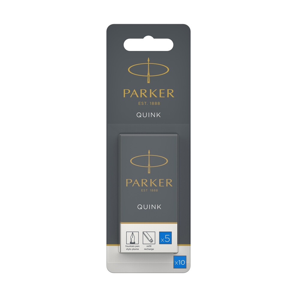 Parker Quink Fountain Pen Refills, Long Cartridges, Washable Blue Ink, Pack of 10