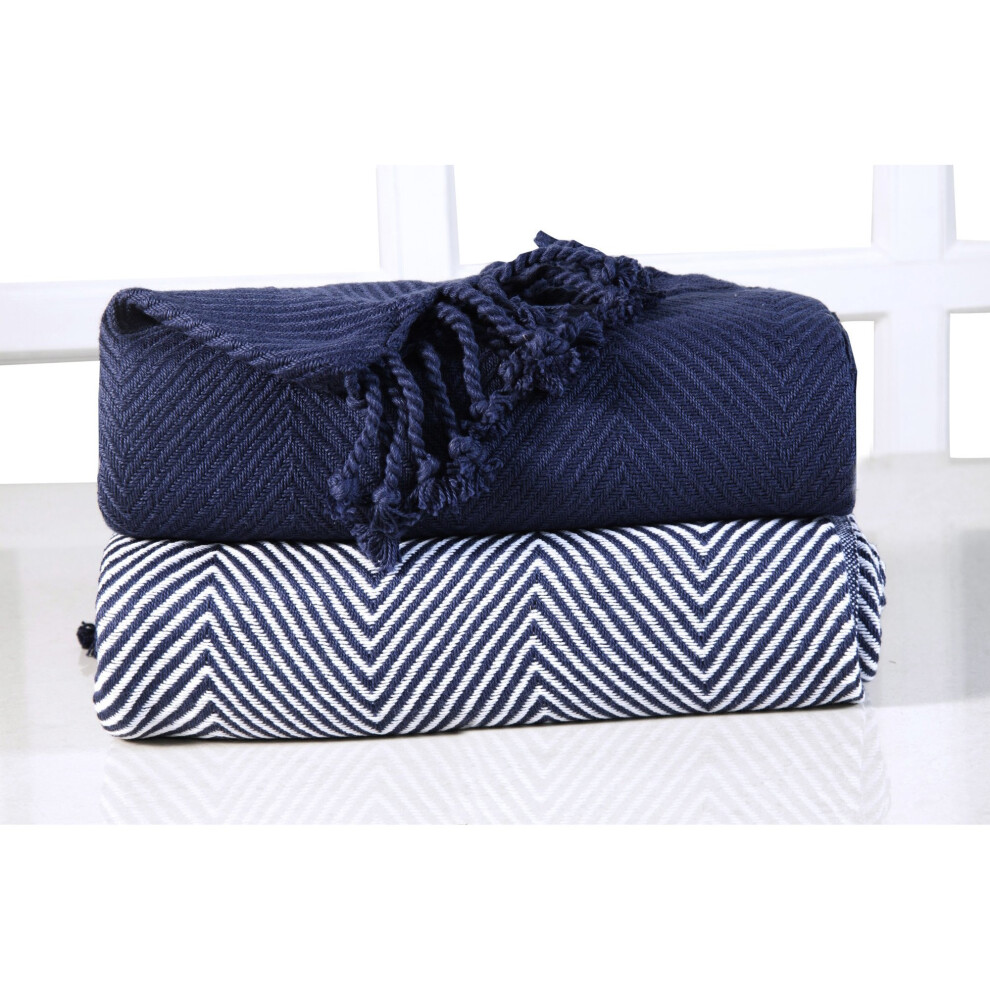 EHC Luxury Chevron Cotton Throw Blanket Set - Navy Blue, 125x150 cm (50x60 in), Pack of 2, E9-CHEVR1215NB