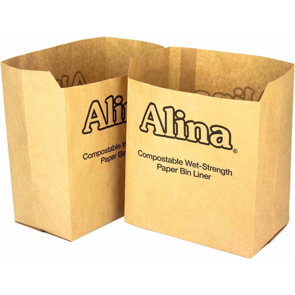 25 x Alina 6L to 8L Compostable Paper Caddy Bin Bag / Food Waste Bin Liner / Biodegradable Brown 7 Litre Paper Sack with Alina Composting Guide (25...