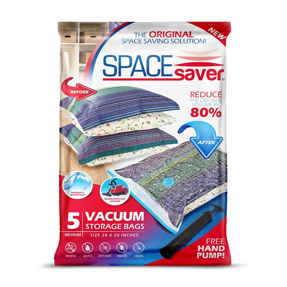 Spacesaver Premium Reusable Vacuum Storage Bags (Medium 5 Pack), Save 80% More Storage Space. Double Zip Seal & Leak Valve, Travel Hand Pump...