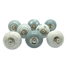 G Decor Set of 8 Grey & White Ceramic Door Knobs Vintage Shabby Chic Cupboard Drawer Pull Handles