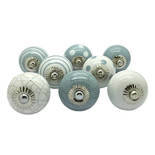 G Decor Set of 8 Grey & White Ceramic Door Knobs Vintage Shabby Chic Cupboard Drawer Pull Handles