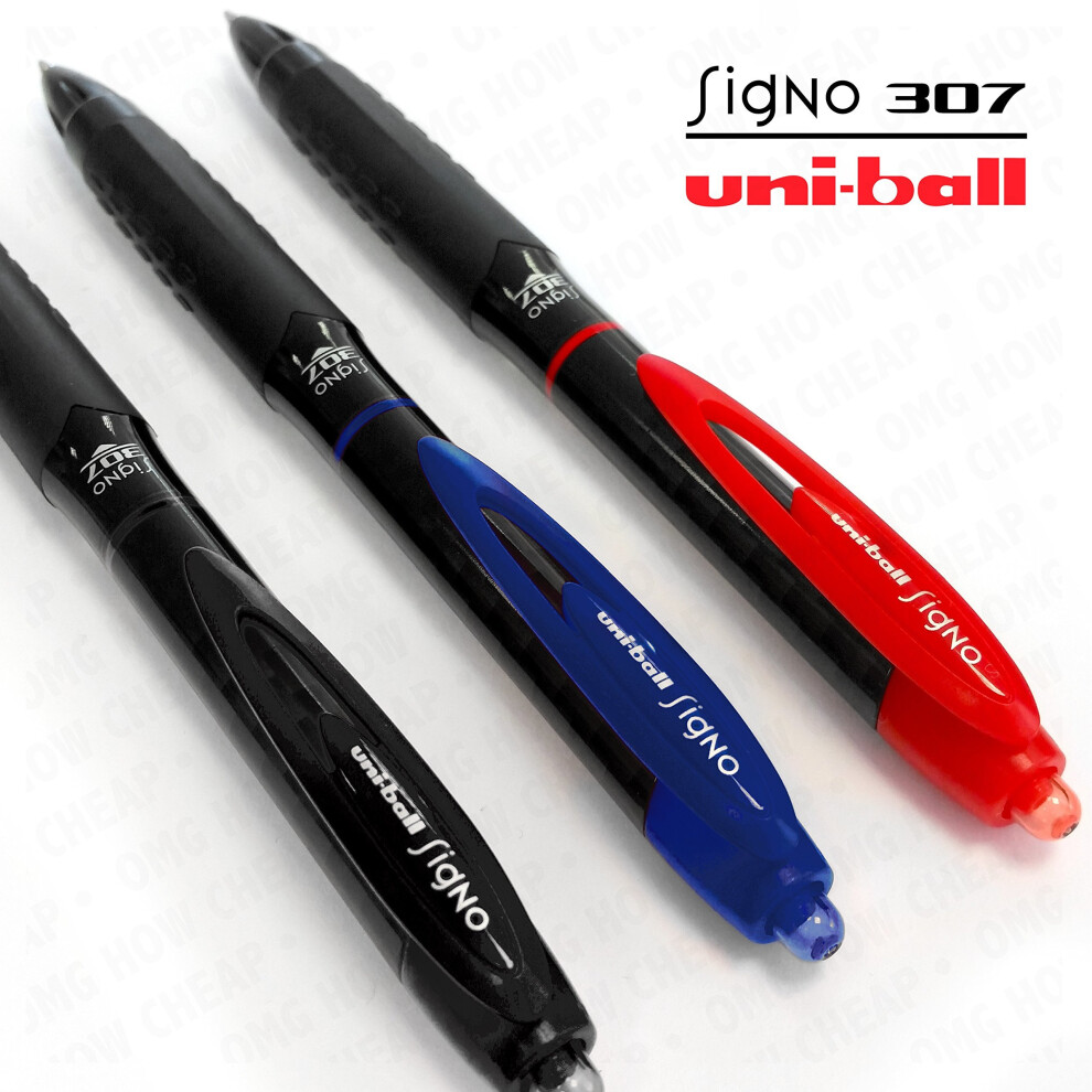 Uni-Ball Signo 307 - Fine Retractable Rollerball Pen - 3 Pack - Black, Blue, and Red - UMN-307