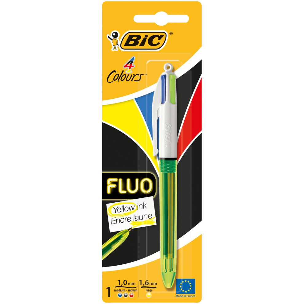 BIC 4 Colours Fluo Ballpoint Pen Black, Blue, Red and Fluorescent Yellow  Ink Colours 1 Pack