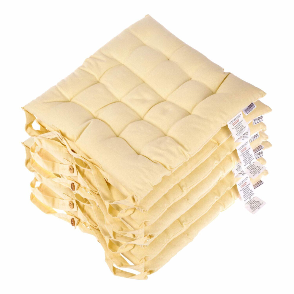 Homescapes Cream Seat Pads for Dining Chair, Set of 6 100% Cotton Chair Pads with Straps, 40x40 cm