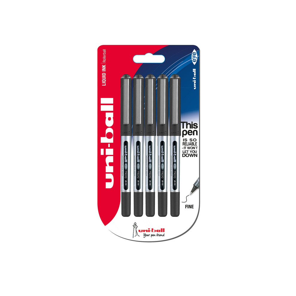 uni-ball UB-150 Eye Micro Rollerball Pens, Black Uni Super Ink, .5mm Nib, Package of 5