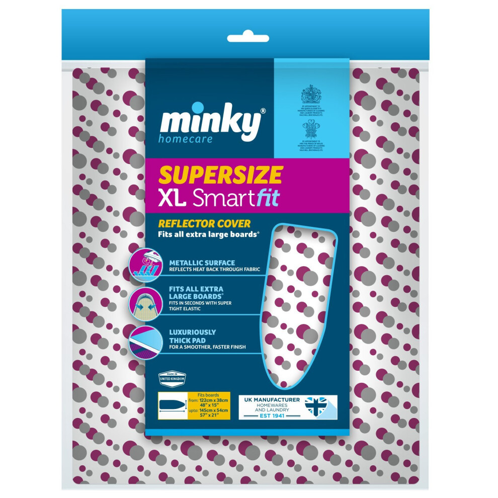 Minky Supersize Smartfit Reflector Ironing Board Cover, fits boards up to 145 x 54cm, White/Purple