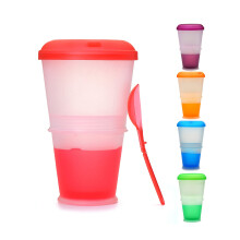 Muesli to Go KitchnPro - Travel Mug for Cereals, with Milk or Yogurt Cooling Compartment / Folding Spoon Included - Color: Red