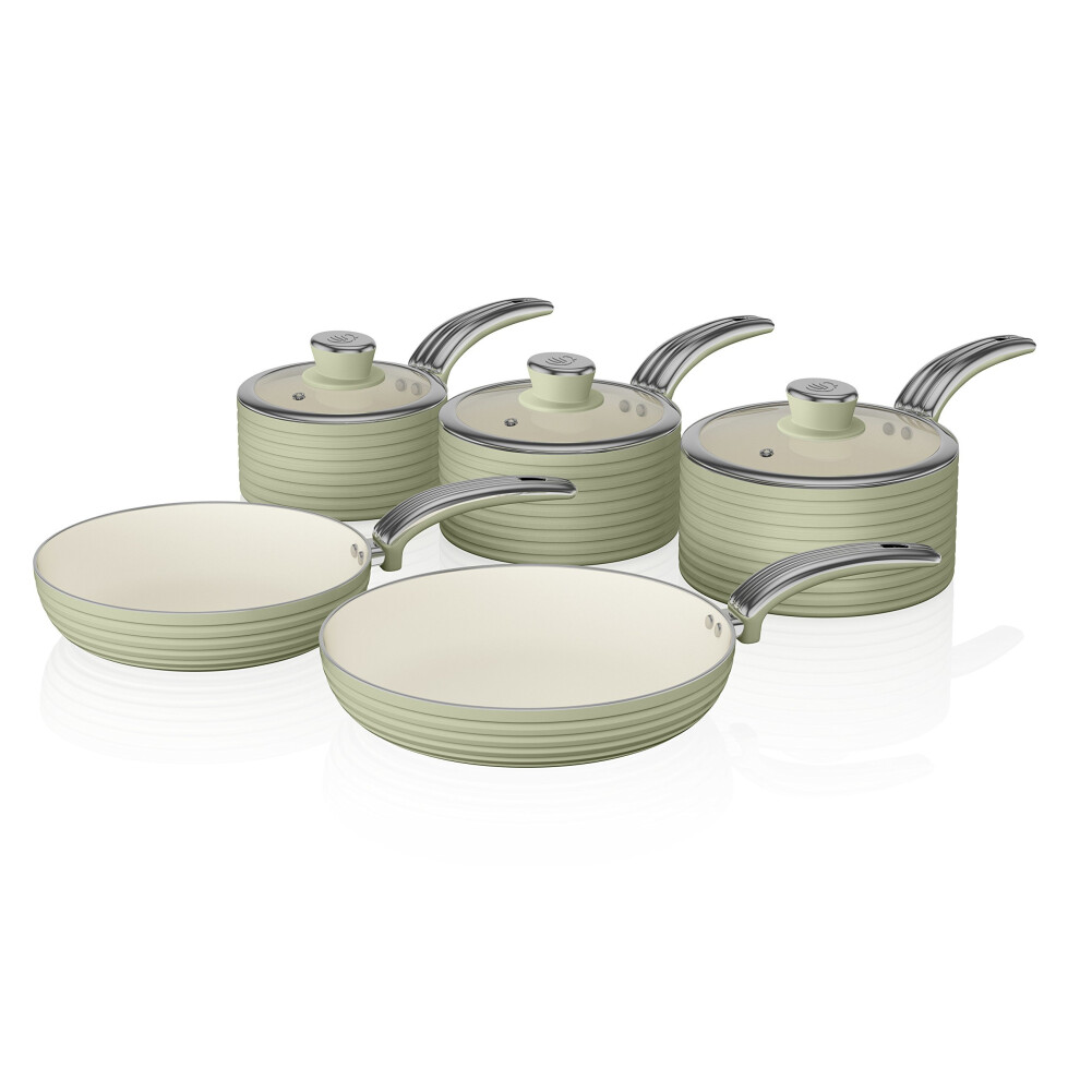 Swan Green Retro Non-Stick 5pce Pan Set, 3 Saucepans 16/18/20cm, 2 Frying Pans 20/28cm with Tempered Glass Lids & Compatible with Induction Hobs