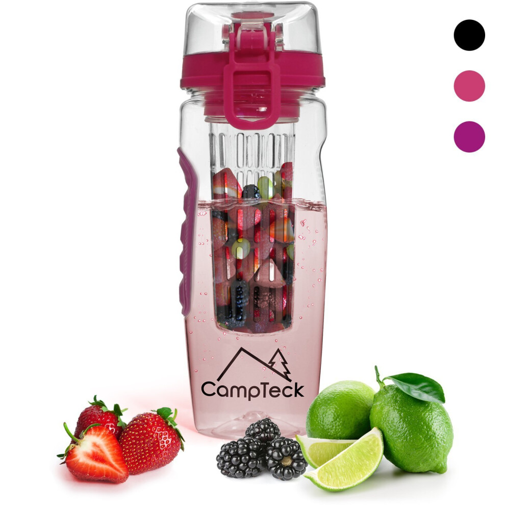 CampTeck 1 Litre 1000ml Fruit Infuser Water Bottle (BPA Free Tritan Plastic) with Leak Proof Lid + Lock & Carry Handle - Pink