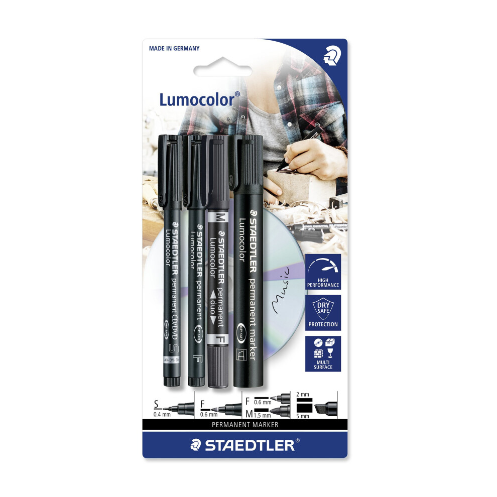 Staedtler 60 BK Lumocolor Permanent Marker Set with Different Tips, Set of 4Â in Blister Packaging