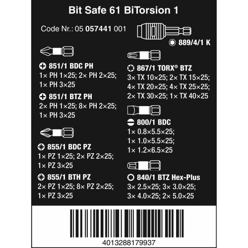 Wera Bit-Safe 61 BiTorsion 1 lige bitsæt PH PZ TORX Wera 2
