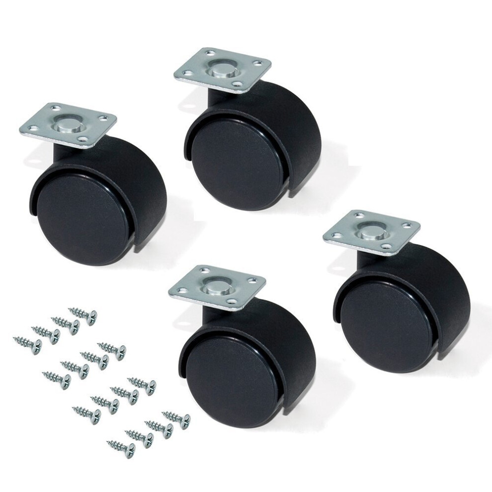 Emuca 2036817 Pack of 4 black swivel castors for furniture without brake 30mm diameter with fixing plate and ball bearings