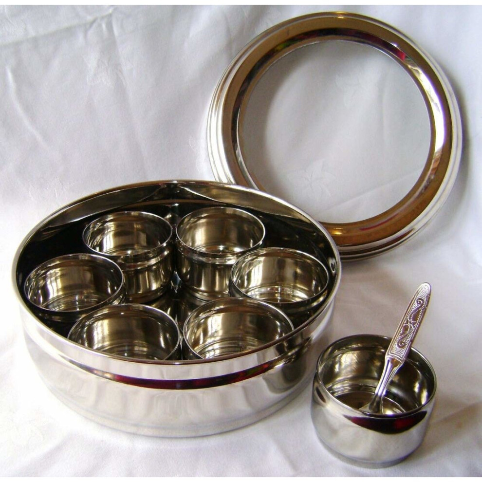 NEW STAINLESS STEEL MASALA DABBA SPICE CANISTER BOX WITH LID & 7 POTS INDIAN. PRIMA