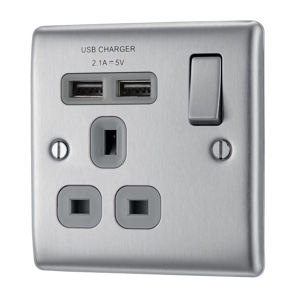 Bg Electrical Nbs21ug 2.1 A Masterplug Single Socket With 2 X Usb, Brushed Steel Grey Insert Screwed 5050765117319