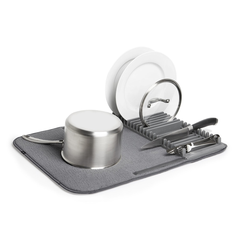 Umbra UDRY Dish Drying Rack and Microfiber Dish Mat - Space-Saving Lightweight Design Folds Up For Easy Storage